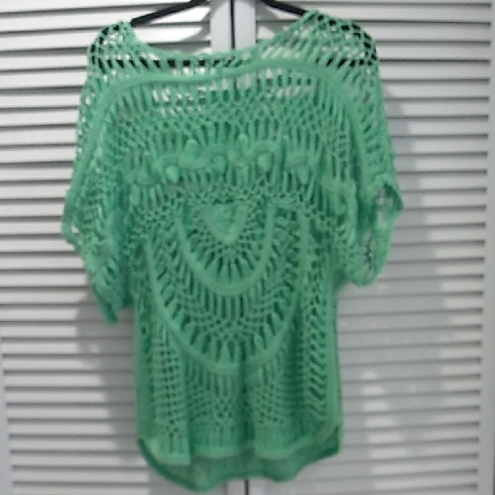 Beautiful Green Crocheted Short Sleeve Cover-up Top, BOHO Style